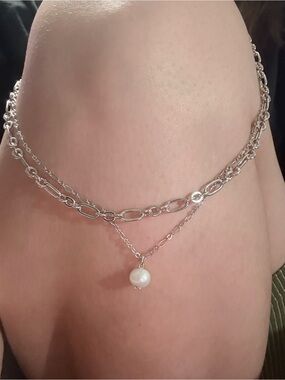 Kendra Scott Silver Layered Chain Necklace with White Pearl